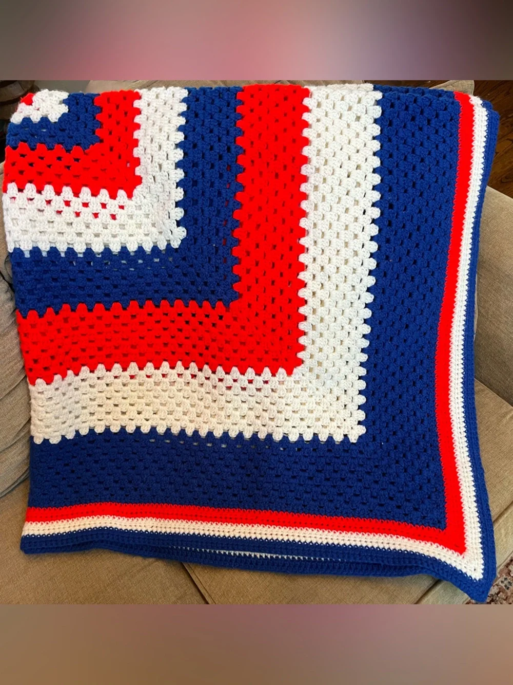 Vintage Crochet Granny Throw Blanket Afghan Red White Blue Patriotic 64